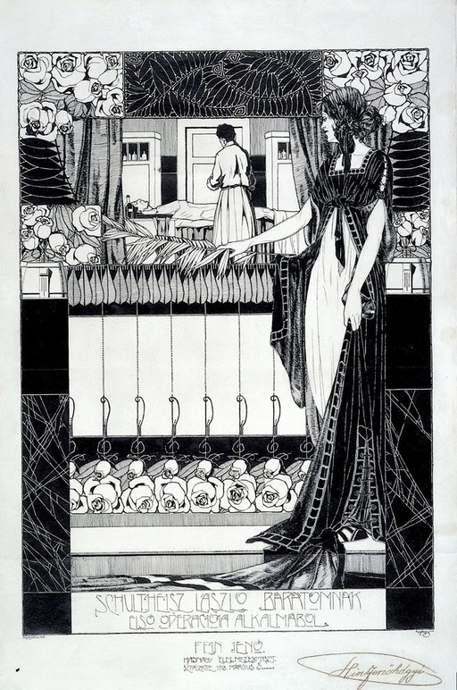 A woman watching a surgeon approaching a body for an operation; representing a tribute to László Schultheisz on the occasion of his first surgical operation. Pen and ink drawing by Dénes Györgyi, 1918.