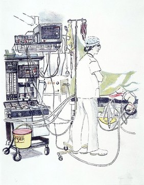 An anaesthetist standing, his equipment behind him. Colour lithograph by Virginia Powell, ca. 1996.