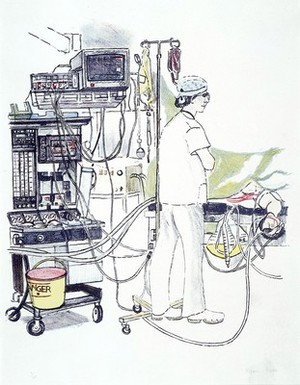 view An anaesthetist standing, his equipment behind him. Colour lithograph by Virginia Powell, ca. 1996.