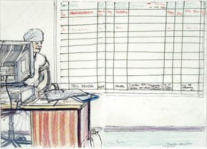 view Operating theatre reception: one of the assistants sitting at a computer, with a chart of operations behind. Drawing by Virginia Powell, 1995.