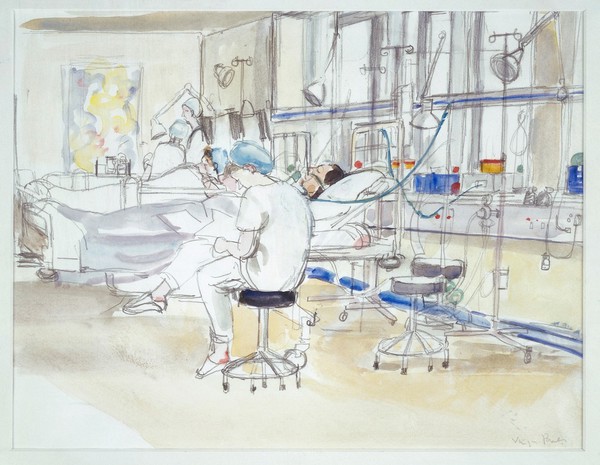 A nurse monitoring a patient after an operation and taking notes. Drawing by Virginia Powell, ca. 1995.