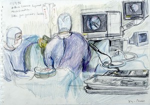 view A surgical operation to reconstruct a patient's anterior cruciate ligament. Drawing by Virginia Powell, 1996.