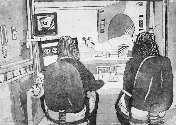 A patient entering a computerized tomography scanner, seen from the control room. Etching and aquatint by Virginia Powell, ca. 1995.