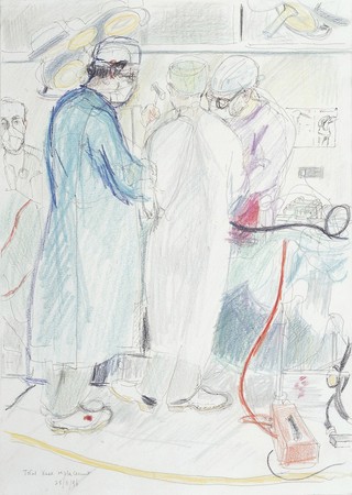 A surgical operation: total knee replacement. Drawing by Virginia Powell, 1996.