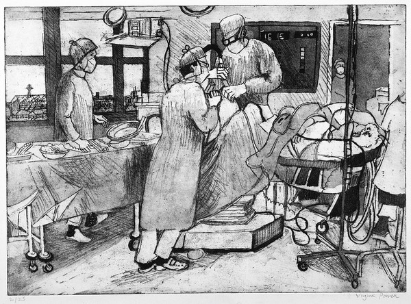 A surgical operation on the knee of an elderly woman. Soft-ground etching and aquatint by Virginia Powell, ca. 1996.