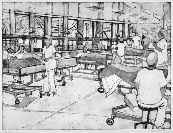 The recovery room, in which patients recover from a surgical operation. Soft-ground etching and aquatint by Virginia Powell, ca. 1995.