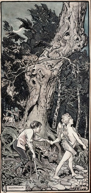 view Cupid leading a lame boy through a forest, watched by demons and animals. Watercolour by H.M. Brock, 1907.