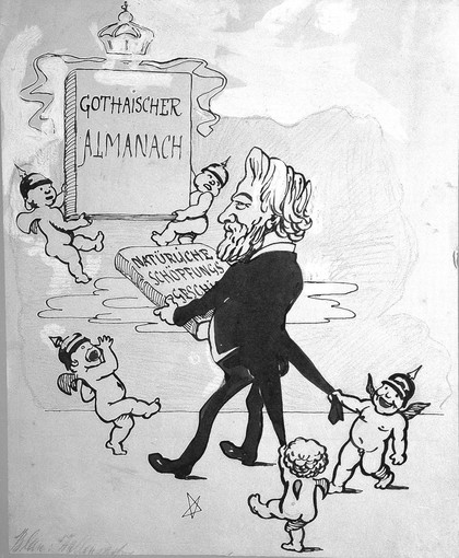 Ernst Haeckel being tormented by Prussian cherubim who confront his work on the natural history of creation with the Almanach de Gotha. Drawing attributed to Max Hagen.