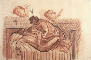 view A patient being made comfortable on a bed; with two studies of the patient's face. Drawing by Robert MacBryde.