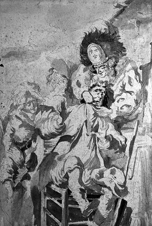 view An itinerant tooth-drawer performing an operation on a struggling male patient. Ink wash drawing after P.A. Wille, 1788.