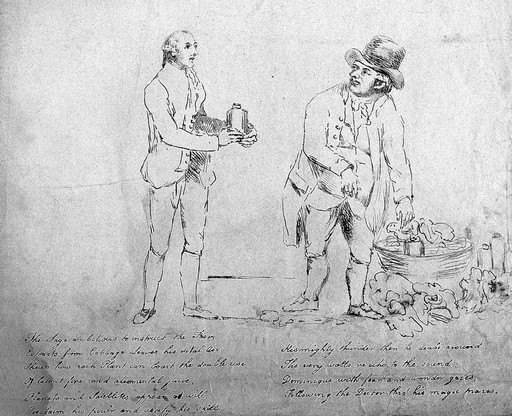 Jan Ingen-Housz with his Austrian servant Dominique demonstrating the properties of vegetables. Soft-ground etching.