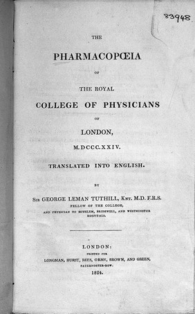 The pharmacopoeia of the Royal College of Physicians of London, MDCCCXXIV / Translated ... by Sir George Leman Tuthill.