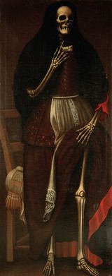 A skeleton as a woman wearing a brown and red dress and a black headdress. Oil painting, ca. 1680.