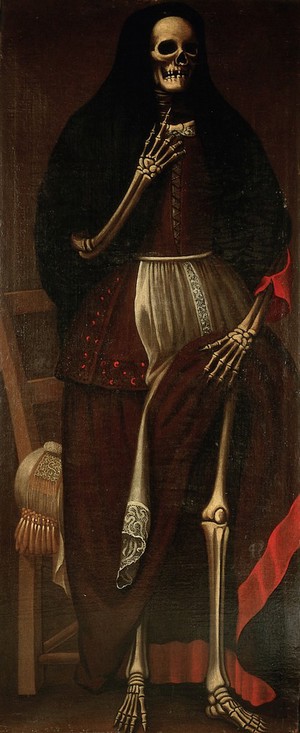 view A skeleton as a woman wearing a brown and red dress and a black headdress. Oil painting, ca. 1680.