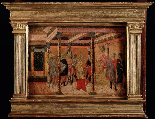Potiphar's wife denouncing Joseph to Potiphar. Tempera painting by Francesco di Giorgio Martini, 146- (?).