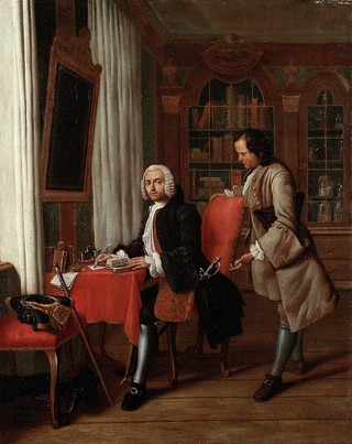 A physician in his study writing a prescription for his waiting patient. Oil painting by Pieter Jakob Horemans, 1745.