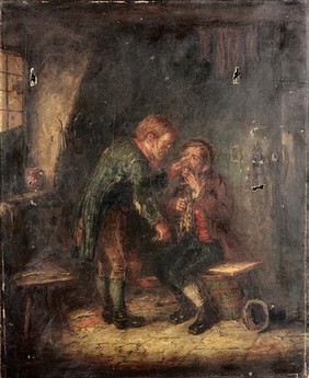 In a room in a cottage, a surgeon about to extract a man's tooth. Oil painting.