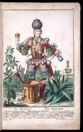 [50 coloured plates / engraved by Martin Engelbrecht, from 18th-cent. German works. These are caricatures of different types of tradesmen and their wives, with the costume, tools, and apparatus of their craft. Among them are an apothecary, a spicer, and a spectacle-maker. The plates are similar to those in Larmessin's 'Album des métiers'. The artists include J.J. Stelzer, P.A. Dagmier, and P.F. Engelbrecht. All the plates except the first two have legends in French and German and appear to be from the same work].