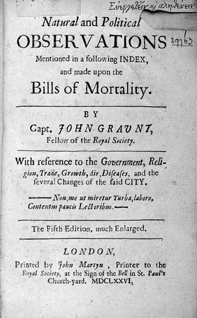 Natural and political observations mentioned in a following index, and made upon the Bills of mortality / By Capt. John Graunt, fellow of the Royal society. With reference to the government, religion, trade, growth, air, diseases, and the several changes of the said city [London] [Sometimes ascribed to Sir W. Petty].