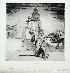 view A legless beggar asking the Wandering Jew for alms in a Spanish square. Etching by Frederick Carter, 1928.