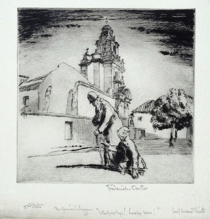 A legless beggar asking the Wandering Jew for alms in a Spanish square. Etching by Frederick Carter, 1928.