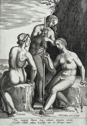 The three Fates. Engraving by Philipp Galle after his design.