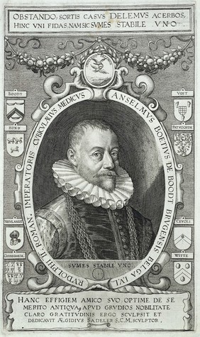 Anselmus de Boodt (Boetius), physician to Rudolph II, wearing a chain of office and a ruff, with an elaborate heraldic border. Line engraving by A. Sadeler.