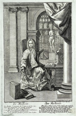 view A physician in his study, turning to the viewer to exploit illness arising from sin. Engraving by J.D. Hertz, 17--.