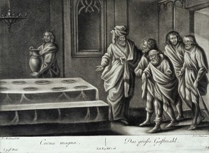 view The halt and the blind being invited to the great supper. Mezzotint by J.E. Haid after J.M. Denzel.