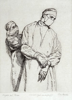 view A nurse and a surgeon, both wearing gown and mask. Etching by H.A. Freeth.