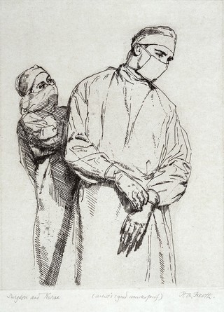 A nurse and a surgeon, both wearing gown and mask. Etching by H.A. Freeth.