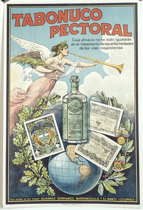 Fame proclaiming the virtues of the remedy Tabonuco Pectoral. Colour lithograph, ca. 1921.