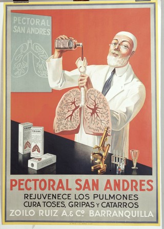 A pharmaceutical chemist demonstrating the effect of Pectoral San Andres on the lungs. Colour lithograph.