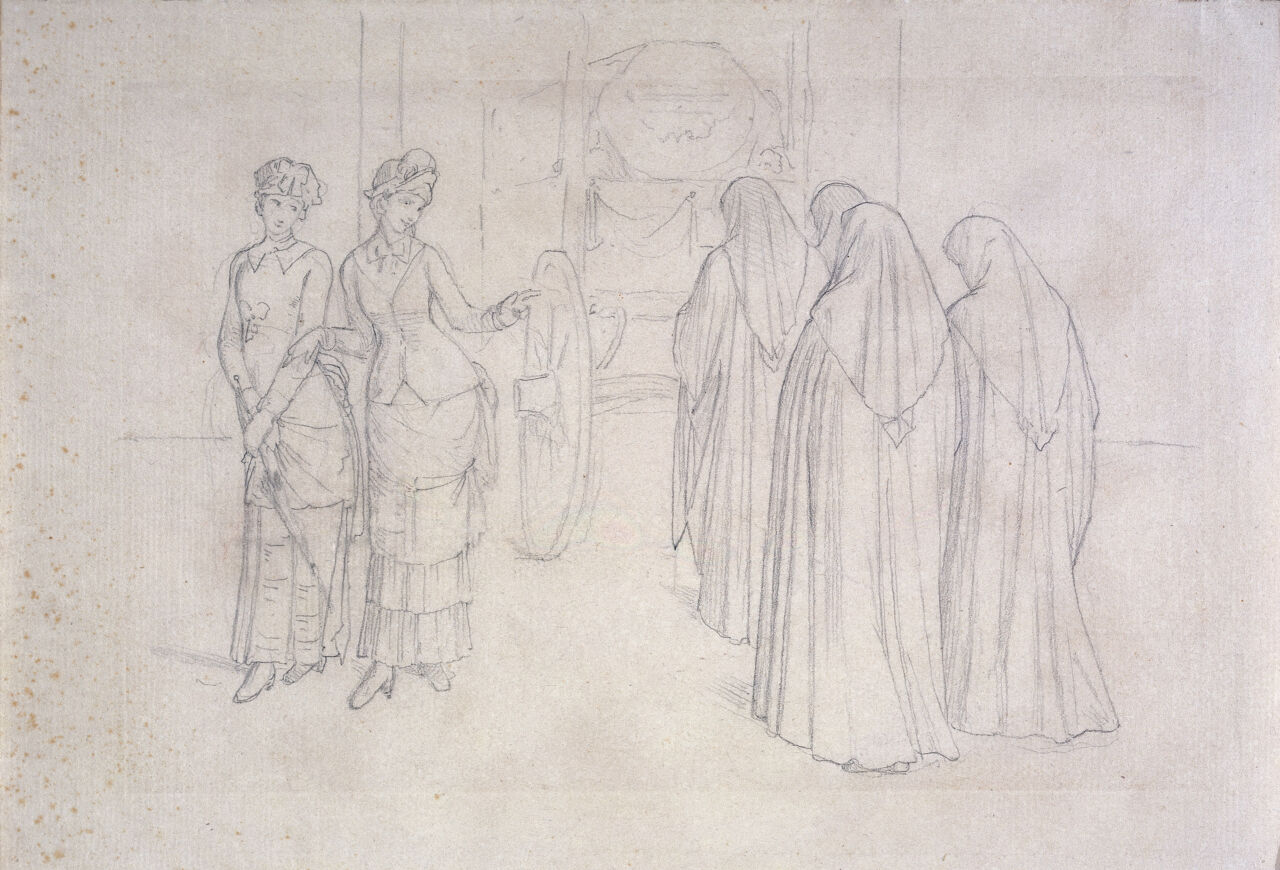 Two fashionable young women remarking a traditional funeral procession which passes them in the street. Drawing attributed to Eduard von Steinle., by Eduard von Steinle