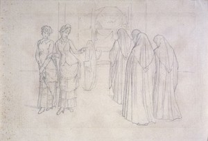 view Two fashionable young women remarking a traditional funeral procession which passes them in the street. Drawing attributed to Eduard von Steinle.