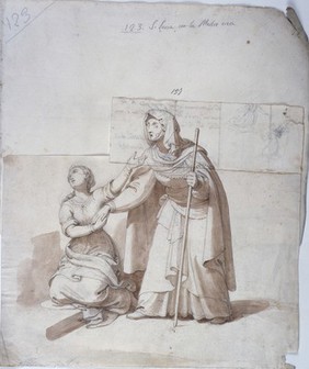 Saint Lucy with her blind mother Eutychia. Ink drawing by Tommaso Minardi.