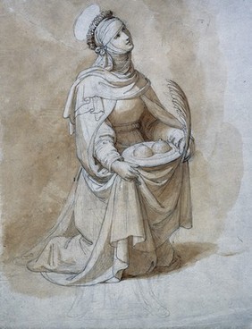 Saint Agatha holding her breasts on a charger. Ink drawing by Tommaso Minardi.