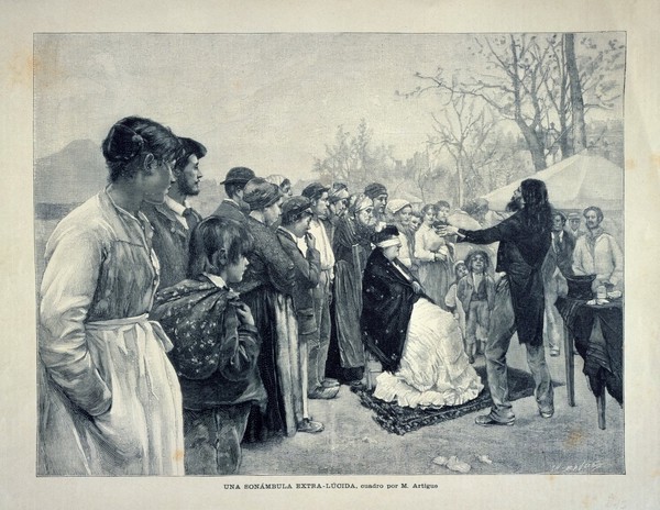 A pair of mind-readers performing among a group of villagers. Wood engraving by Ch. Baude after A.E. Artigue.