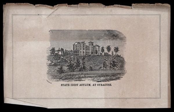 The New-York State Asylum for Idiots, Syracuse. Wood engraving by W.(?) Sebald.