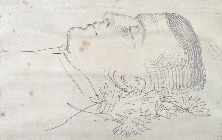 The Hon. Hubert Howard on his deathbed. Pencil drawing by George Howard, 9th Earl of Carlisle.