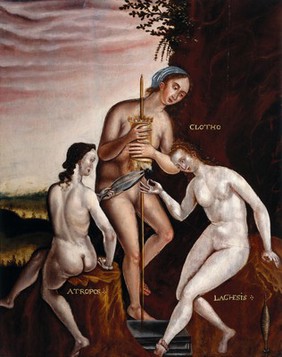 The three Fates. Oil painting after Philipp Galle.