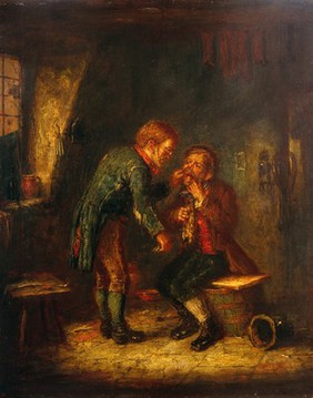 In a room in a cottage, a surgeon about to extract a man's tooth. Oil painting.