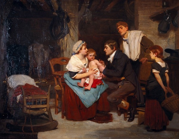 Edward Jenner vaccinating a boy. Oil painting by E.-E. Hillemacher, 1884.