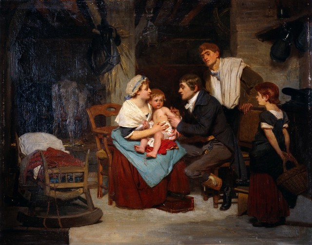 Edward Jenner vaccinating a boy. Oil painting by E.-E. Hillemacher, 1884.