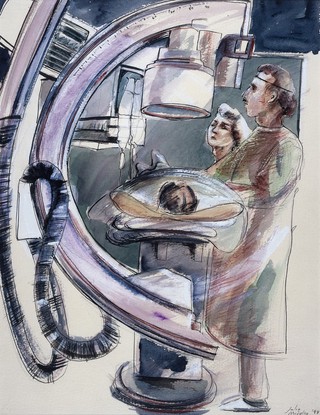 Royal Liverpool University Hospital: an angiography in progress. Drawing by Julia Midgley, 1998.