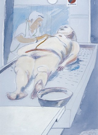 Royal Liverpool University Hospital: a pathologist cutting open a body in the mortuary. Drawing by Julia Midgley, 1998.