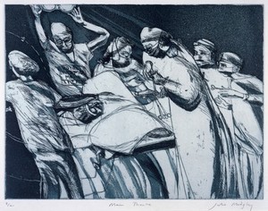 view Royal Liverpool University Hospital: a surgical operation. Aquatint by Julia Midgley, 1998.