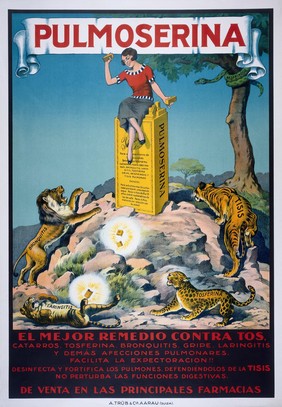 A woman throwing boxes of the cough-remedy Pulmoserina at lions; representing the ability of Pulmoserina to provide defence against respiratory diseases. Colour lithograph.