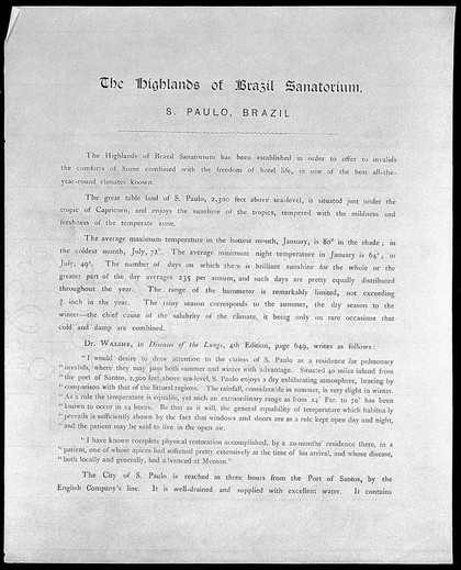 Highlands of Brazil Sanatorium, São Paulo. Handbill.