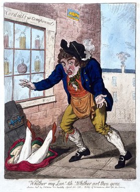 A woman falling headfirst through an open cellar-door outside a pharmacy, and a man expressing his concern. Coloured etching by I. Cruikshank after G.M. Woodward, 1798.